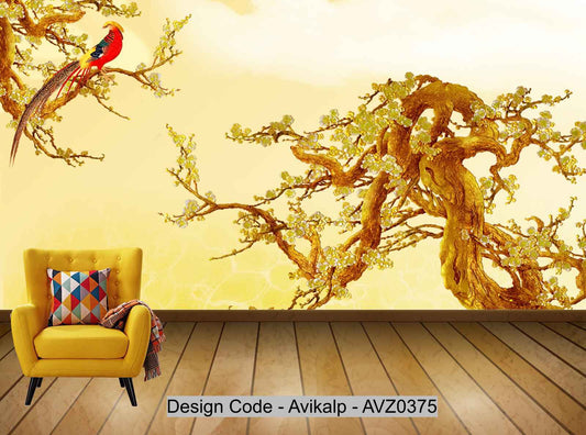 Avikalp Exclusive AVZ0375 Bird Chinese Style Background Wall On Golden Plum Blossom Branch HD 3D Wallpaper
