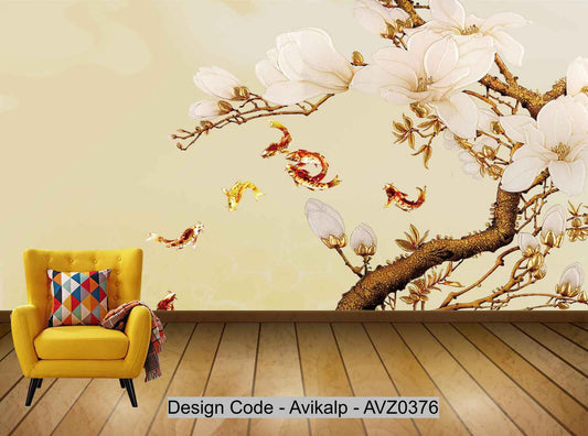 Avikalp Exclusive AVZ0376 Three Dimensional Golden Flower Goldfish New Chinese Background Wall HD 3D Wallpaper