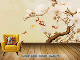 Avikalp Exclusive AVZ0376 Three Dimensional Golden Flower Goldfish New Chinese Background Wall HD 3D Wallpaper