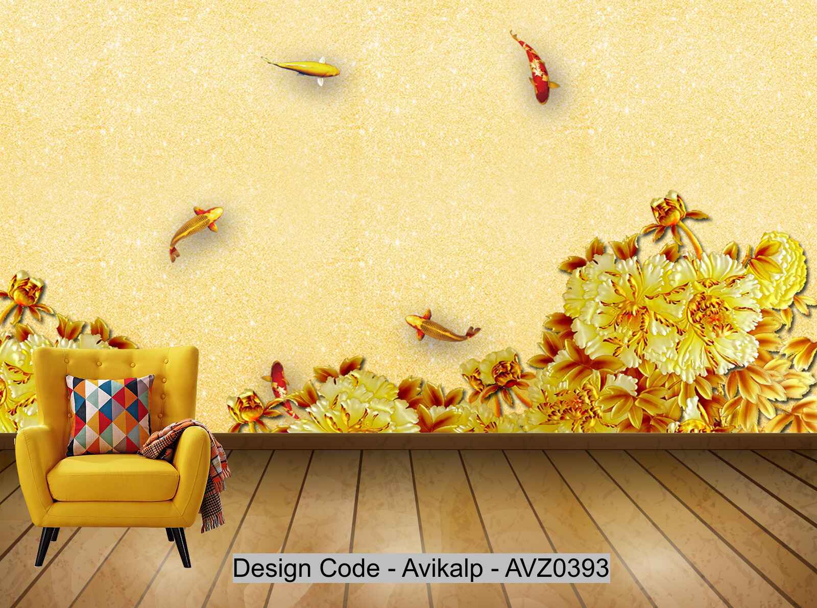 Avikalp Exclusive AVZ0393 Chinese Embossed Gold Peony Rich Auspicious Background Wall HD 3D Wallpaper