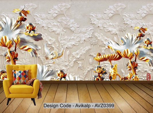 Avikalp Exclusive AVZ0399 Fine Lotus Pond Wood Carving Background Wall HD 3D Wallpaper