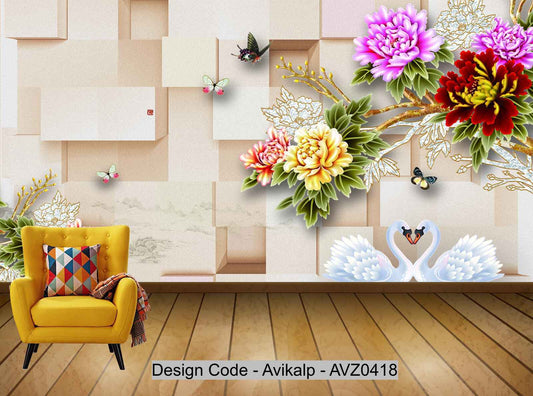 Avikalp Exclusive AVZ0418 3D Creative Peony Swan Tv Background Wall HD 3D Wallpaper