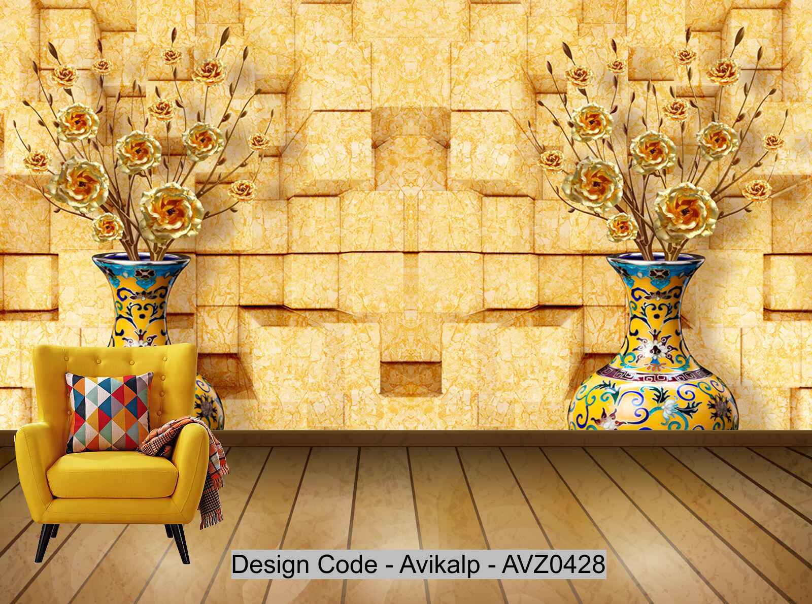 Avikalp Exclusive AVZ0428 Yellow Blue And White Porcelain Golden Flowers Background Wall HD 3D Wallpaper