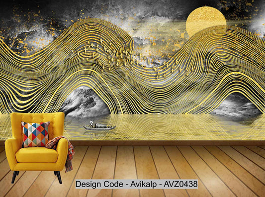 Avikalp Exclusive AVZ0438 New Chinese Style Golden Abstract Landscape Ink Background Wall HD 3D Wallpaper