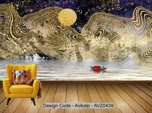 Avikalp Exclusive AVZ0439 New Chinese Style Golden Abstract Landscape Background Wall HD 3D Wallpaper