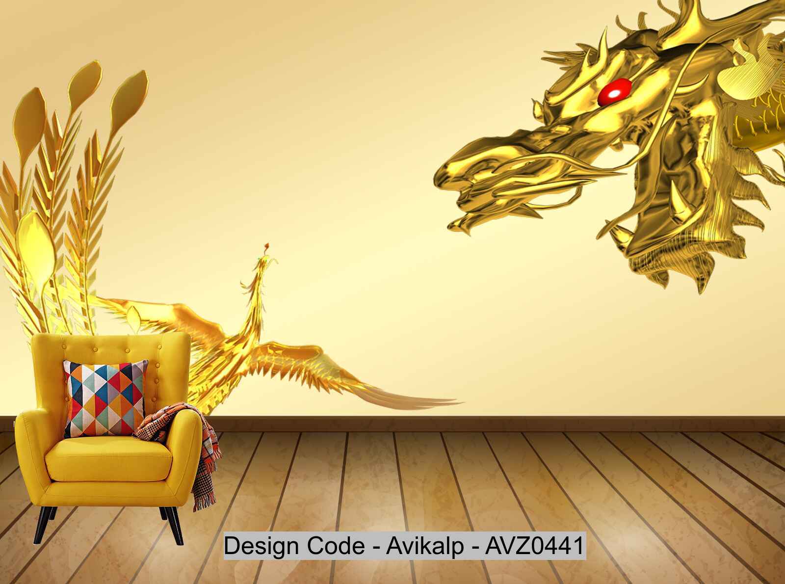 Avikalp Exclusive AVZ0441 Golden Dragon And Phoenix Chengxiang Chinese Elements Background Wall HD 3D Wallpaper