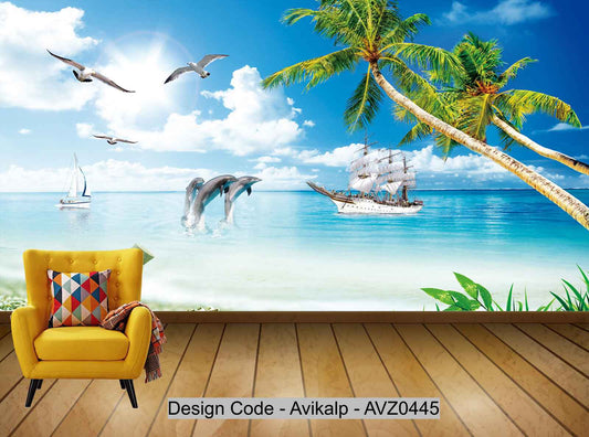 Avikalp Exclusive AVZ0445 Love Sea Landscape Painting Coconut Tree Mediterranean Hawaii Background Wall HD 3D Wallpaper