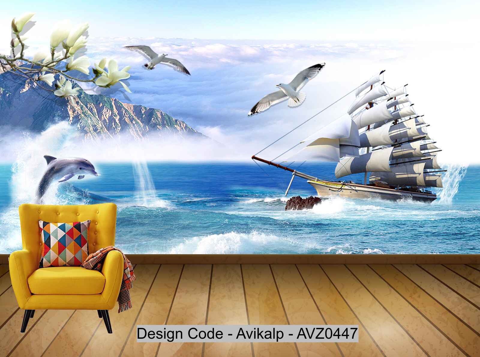 Avikalp Exclusive AVZ0447 Seagull Big Ship Sea Dolphin Seaside Scenery Background Wall HD 3D Wallpaper