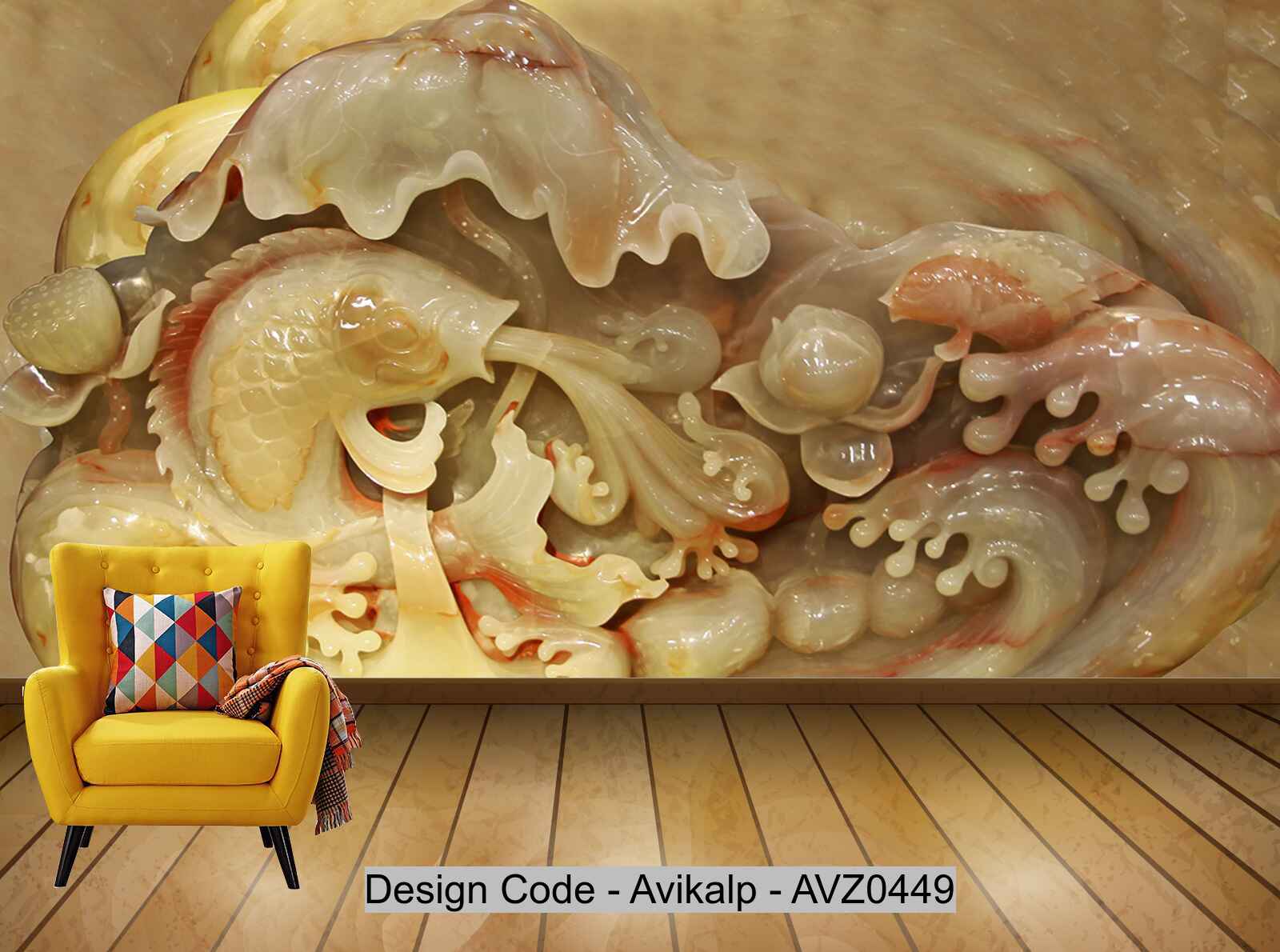 Avikalp Exclusive AVZ0449 Yellow Jade Stone Jade Carving Fish Spray Water Wall HD 3D Wallpaper