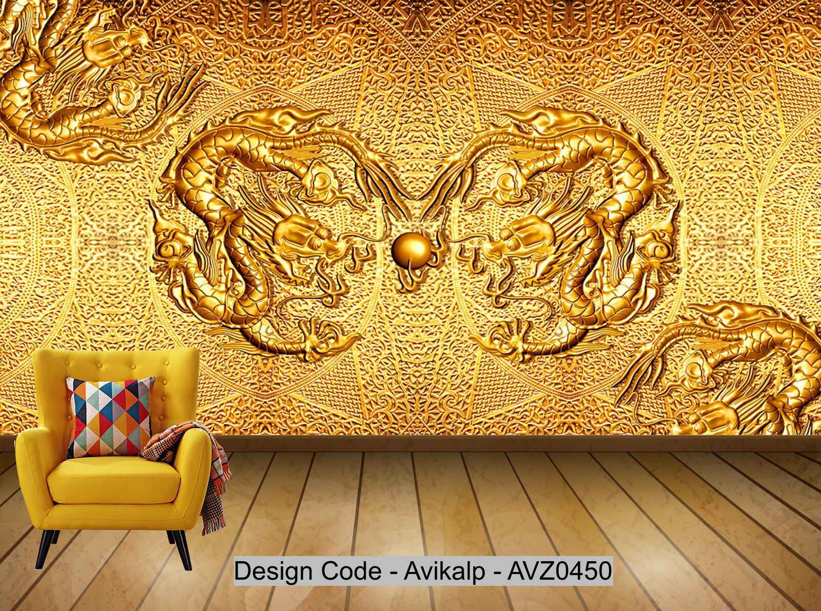 Avikalp Exclusive AVZ0450 Golden Carved Dragon Ball Golden Chinese Element Background Wall HD 3D Wallpaper