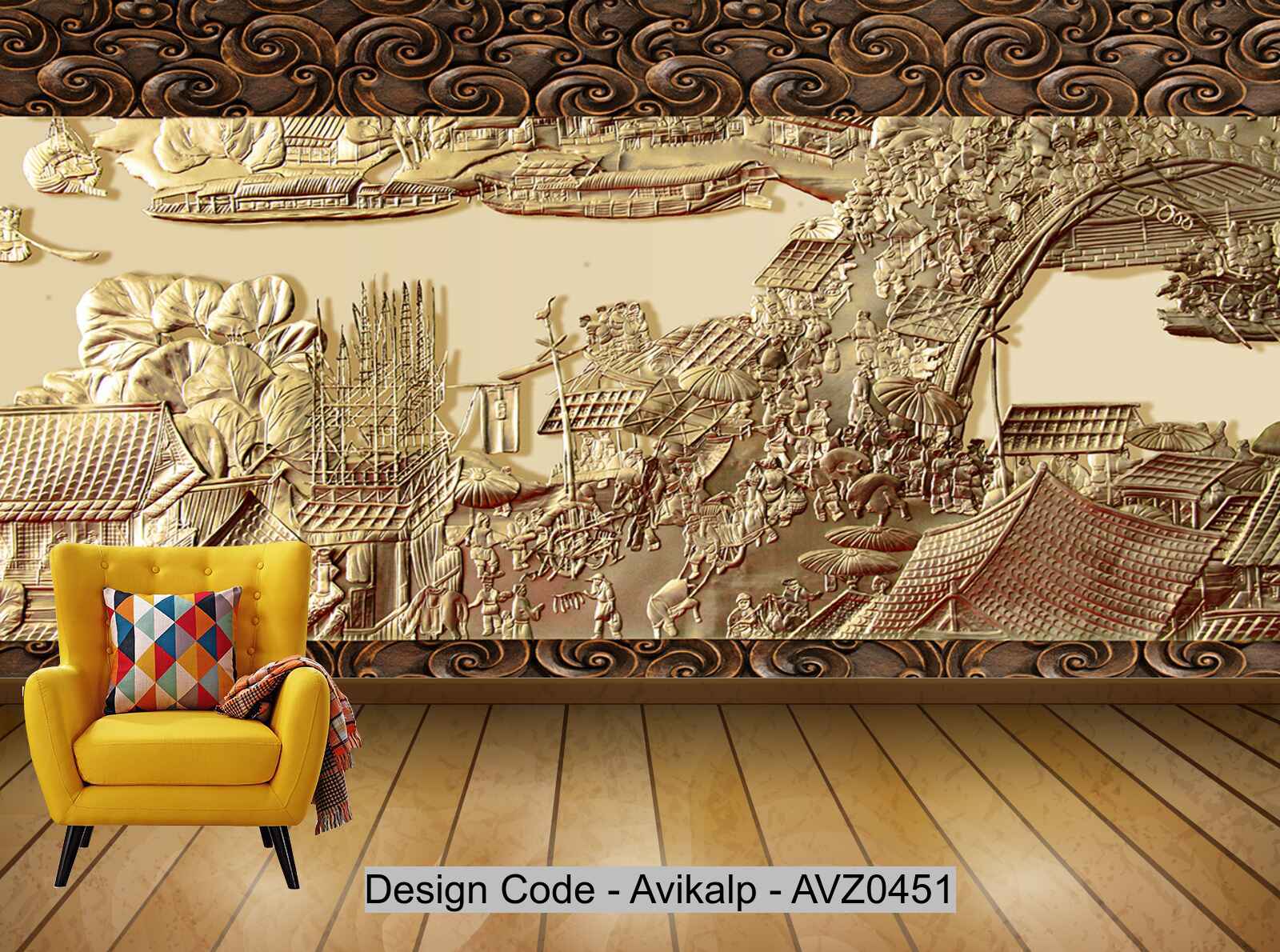 Avikalp Exclusive AVZ0451 Golden Relief Qingming Shanghe Map Chinese Characteristic Culture Background Wall HD 3D Wallpaper