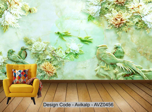 Avikalp Exclusive AVZ0456 Jade Carving Mountain Stone Bird Beast Flower Landscape Painting Chinese Characteristic HD 3D Wallpaper