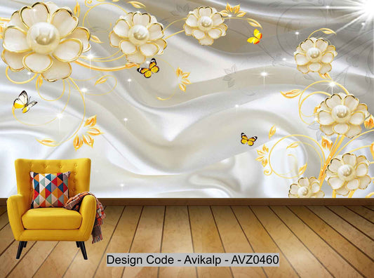 Avikalp Exclusive AVZ0460 White Warm Silk Pearl Flower Flower Butterfly Noble Background Wall HD 3D Wallpaper
