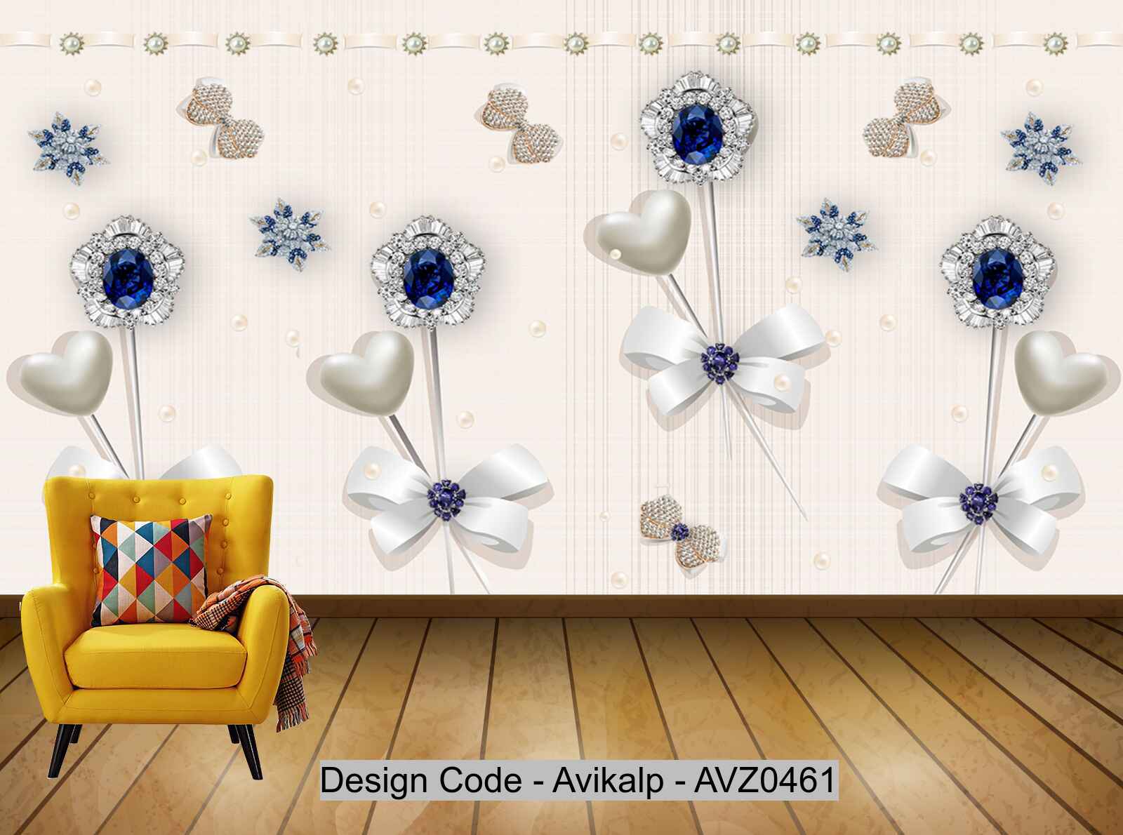 Avikalp Exclusive AVZ0461 White Peach Heart Pearl Lace Bow With Diamond Flower Blue Diamond Background Wall HD 3D Wallpaper