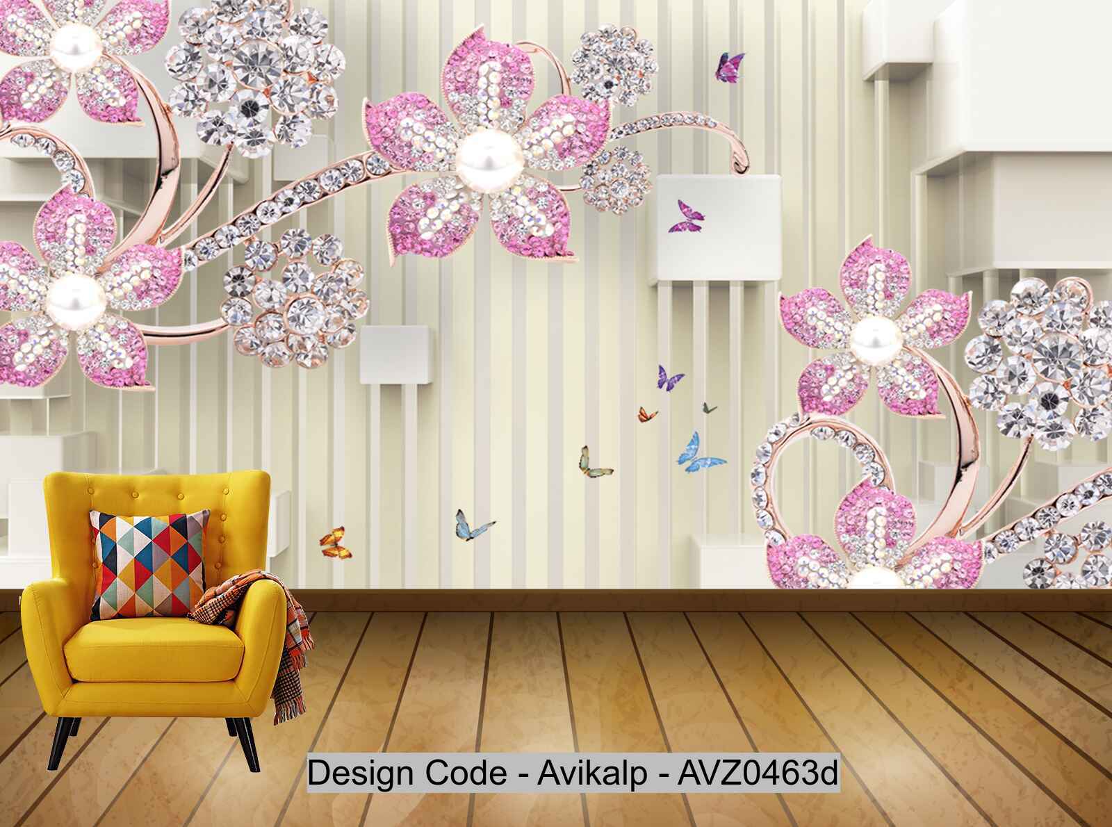 Avikalp Exclusive AVZ0463 Pink Bling Flower Inlaid Pink Diamond Flower Geometric Background Flower Butterfly Background HD 3D Wallpaper