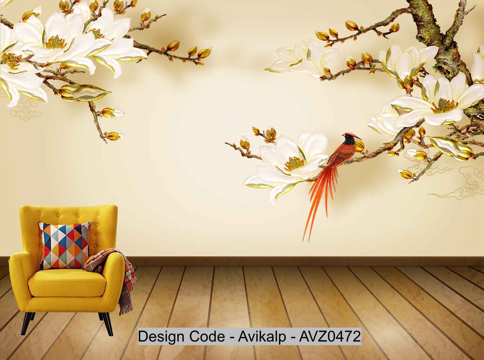 Avikalp Exclusive AVZ0472 Three Dimensional Golden Jade Carved Branch Thrush Bird Generation Background Wall HD 3D Wallpaper