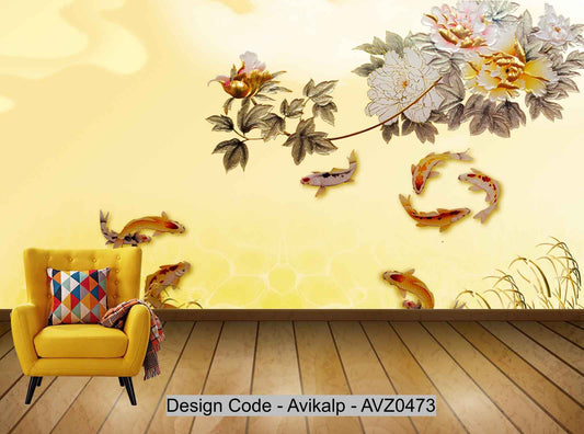 Avikalp Exclusive AVZ0473 Peony Fish Water Plants New Chinese Modern Background Wall HD 3D Wallpaper