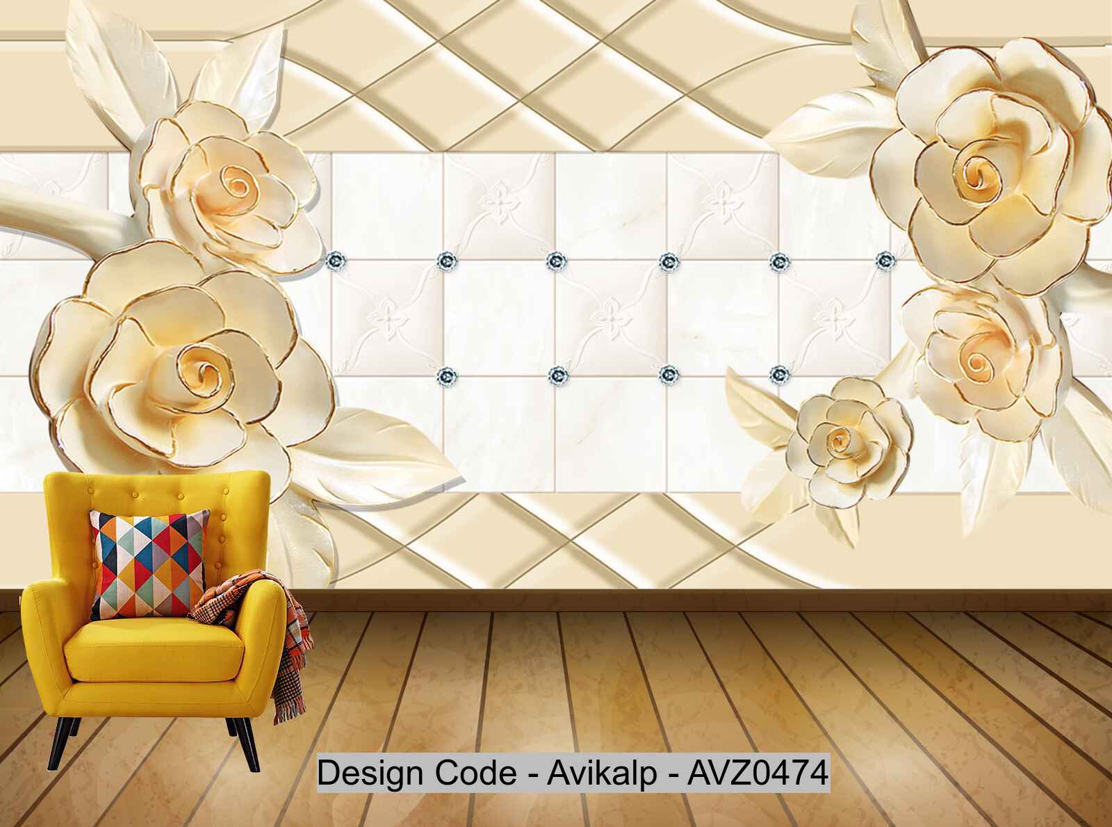 Avikalp Exclusive AVZ0474 Warm Yellow Three Dimensional Carved Flower European Style Square Background With Diamond HD 3D Wallpaper