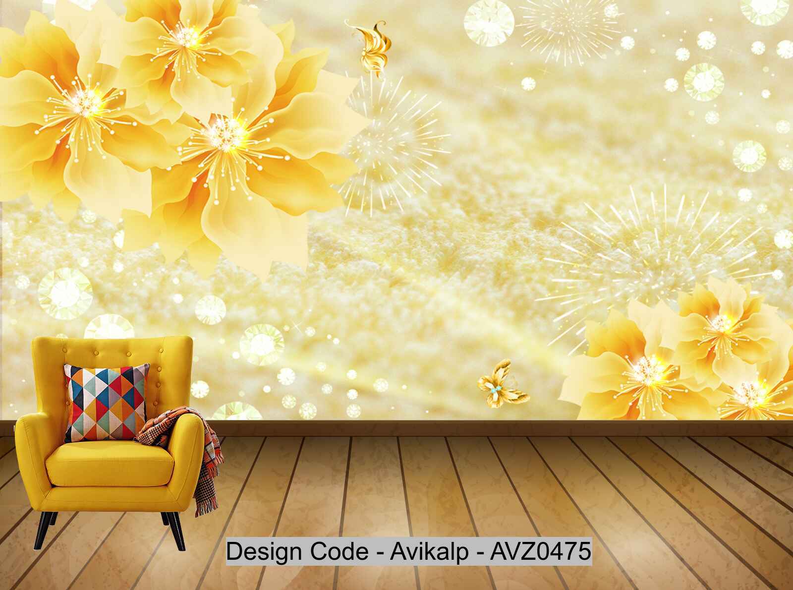 Avikalp Exclusive AVZ0475 Warm Yellow Diamond Yellow Flower Gold Butterfly Luxury Modern Background Wall HD 3D Wallpaper