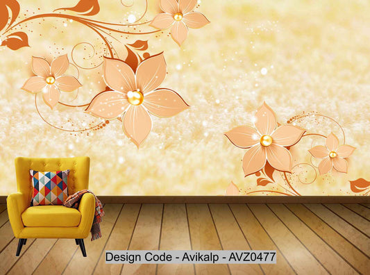 Avikalp Exclusive AVZ0477 Champagne Gold Noble Pearl Flower Flower Vine Gold Background Wall HD 3D Wallpaper