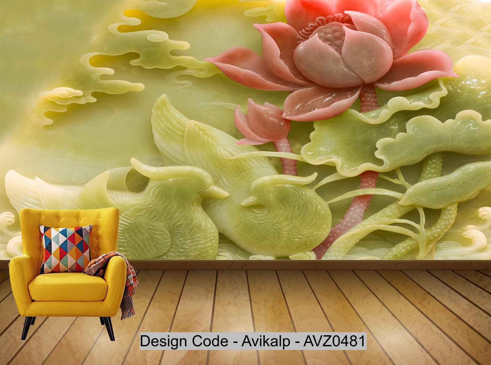 Avikalp Exclusive AVZ0481 Red Lotus Jade Carving Landscape Painting HD 3D Wallpaper