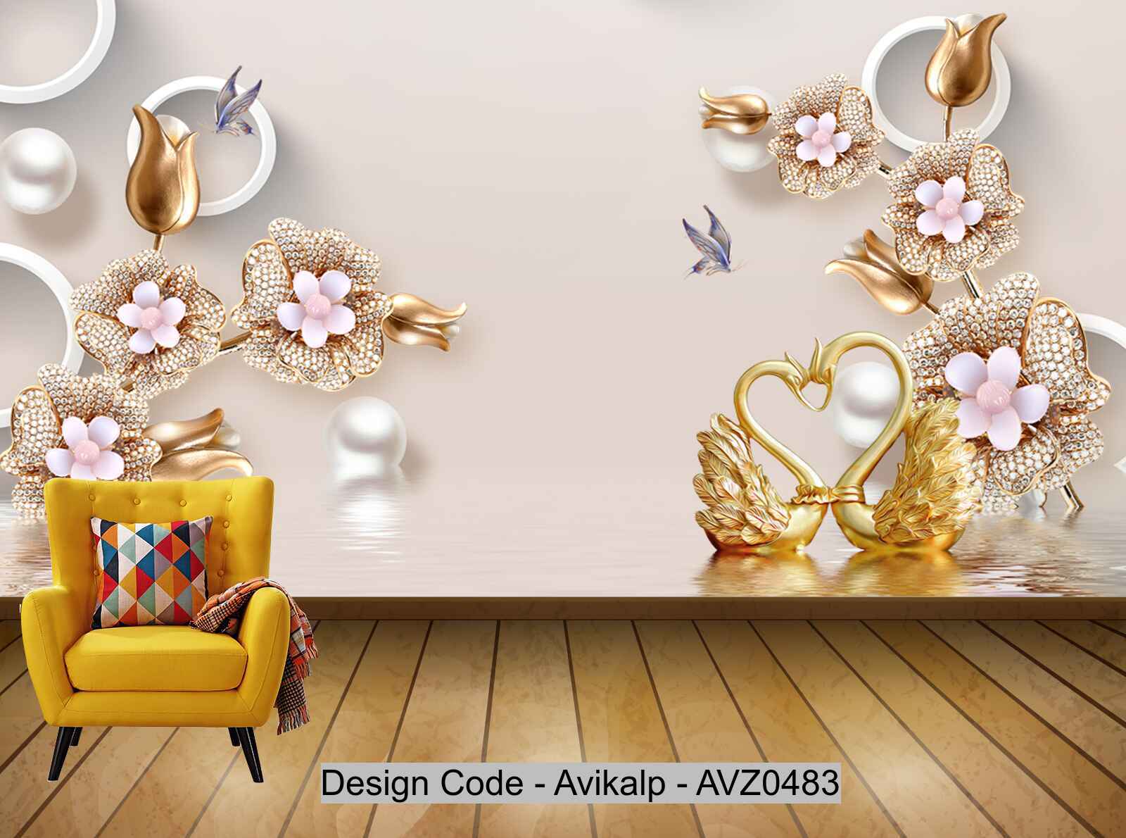 Avikalp Exclusive AVZ0483 White Diamonds Phnom Penh Flowers White Pearls Golden Swan Swan Lake Modern Back HD 3D Wallpaper