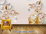 Avikalp Exclusive AVZ0483 White Diamonds Phnom Penh Flowers White Pearls Golden Swan Swan Lake Modern Back HD 3D Wallpaper