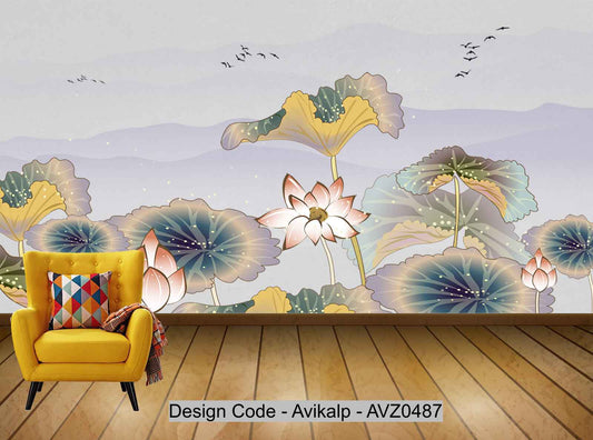 Avikalp Exclusive AVZ0487 Chinese Style Ink Hand Painted Lotus Tv Background Wall HD 3D Wallpaper
