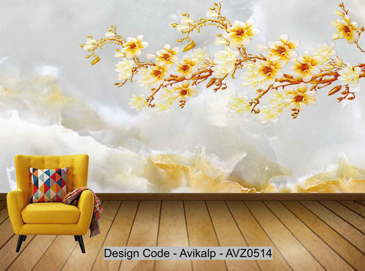 Avikalp Exclusive AVZ0514 New Chinese 3d Marbled Landscape Flower Sunrise Background Wall And Smooth HD 3D Wallpaper