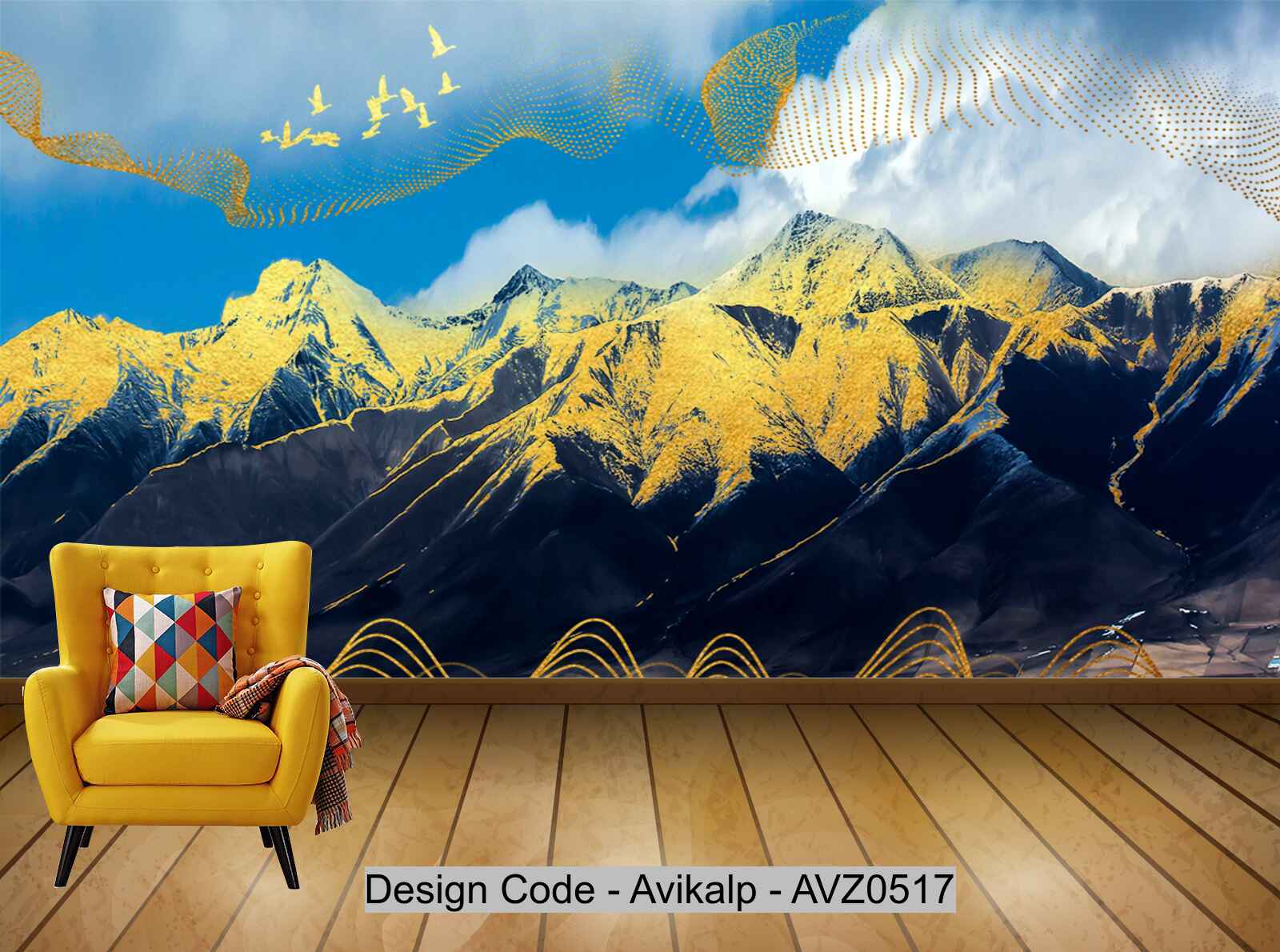 Avikalp Exclusive AVZ0517 Flying Bird New Chinese Abstract Golden Ink Landscape Tv Background Wall HD 3D Wallpaper