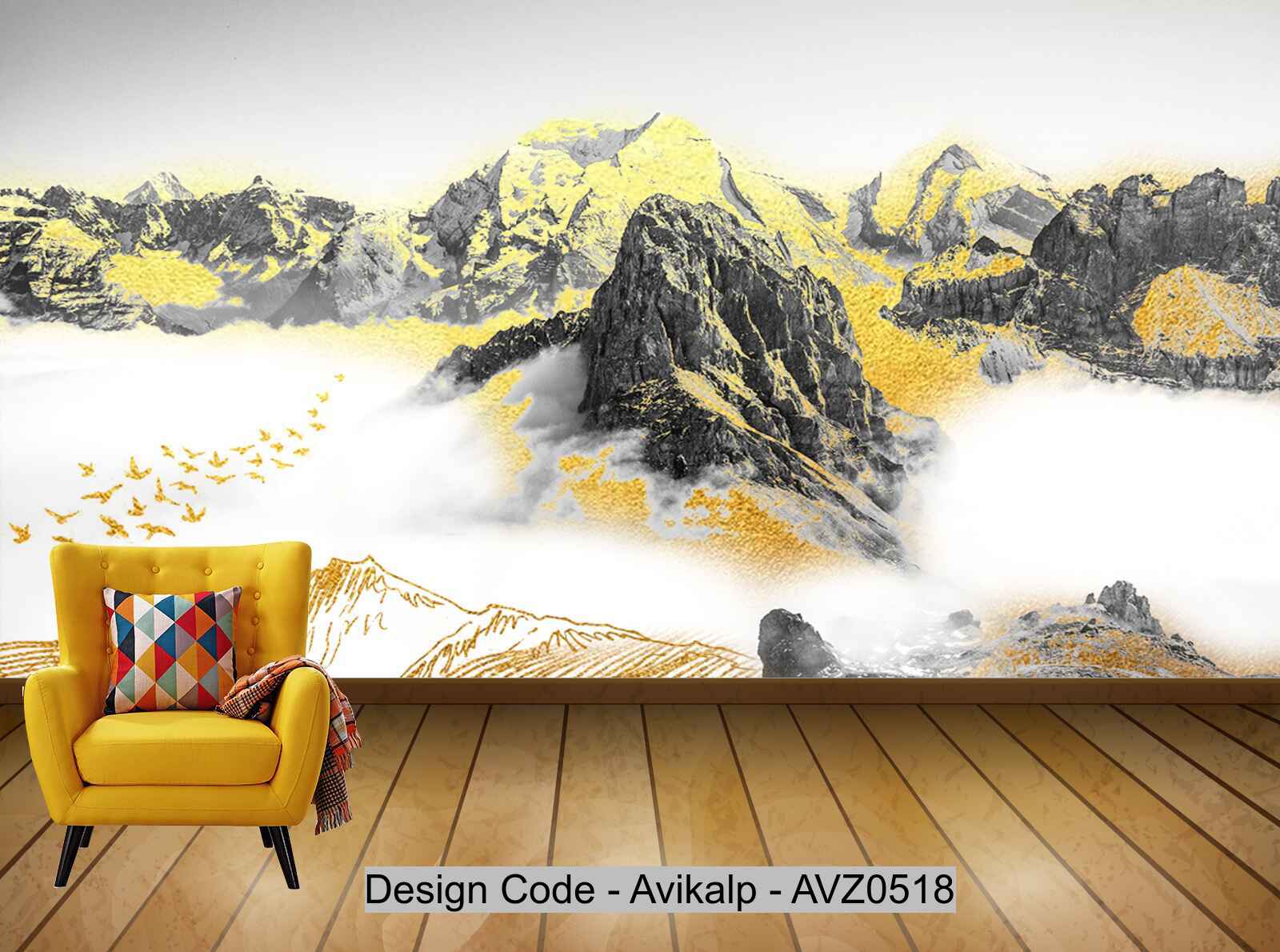 Avikalp Exclusive AVZ0518 New Chinese Flying Bird Abstract Golden Ink Landscape Tv Background Wall HD 3D Wallpaper