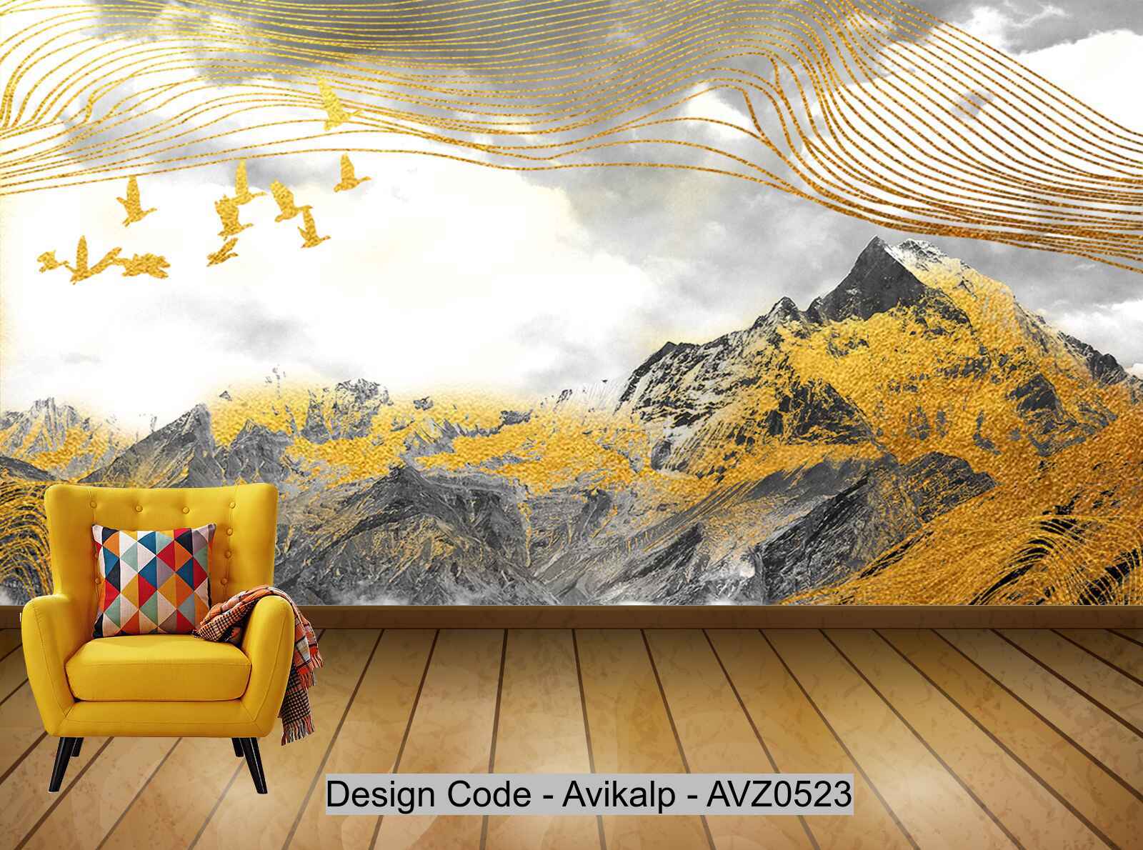 Avikalp Exclusive AVZ0523 Flying Bird New Chinese Ink Landscape Gold Line Decorative Painting Background Wall HD 3D Wallpaper