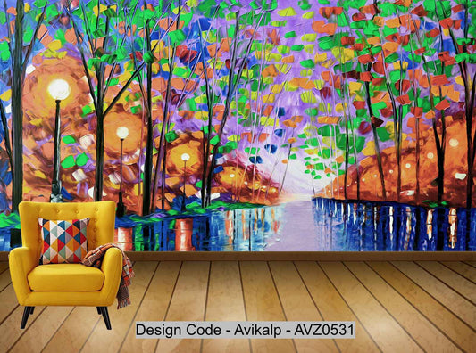 Avikalp Exclusive AVZ0531 Modern Beautiful Night Landscape Wood Painting Tv Background Wall HD 3D Wallpaper