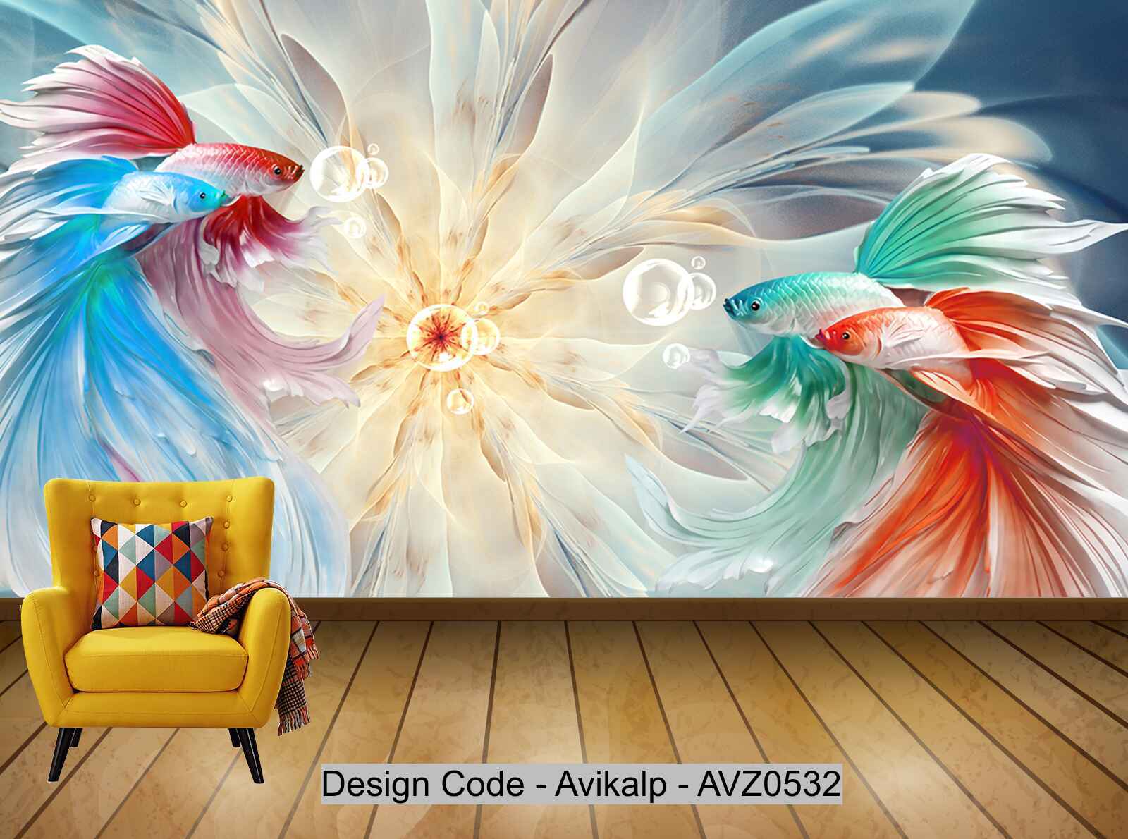 Avikalp Exclusive AVZ0532 Modern Beautiful Embossed Peacock Fighting Fish Tv Background Wall Renderings HD 3D Wallpaper