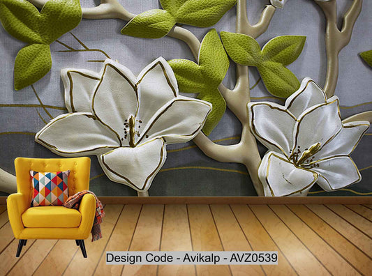 Avikalp Exclusive AVZ0539 Embossed Three Dimensional Orchid Background Wall Painting HD 3D Wallpaper