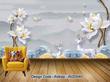 Avikalp Exclusive AVZ0540 Modern Minimalist Embossed Peony Flower Elk Tree Ink Landscape Background Wall HD 3D Wallpaper