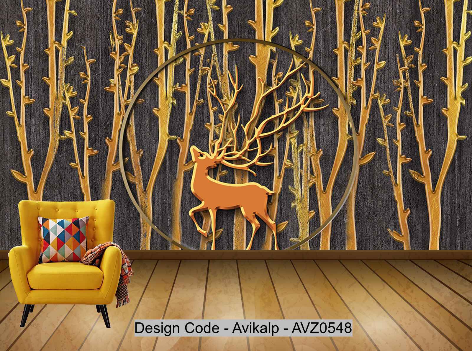 Avikalp Exclusive AVZ0548 Modern Golden Three Dimensional Woody Elk Embossed Background Wall HD 3D Wallpaper