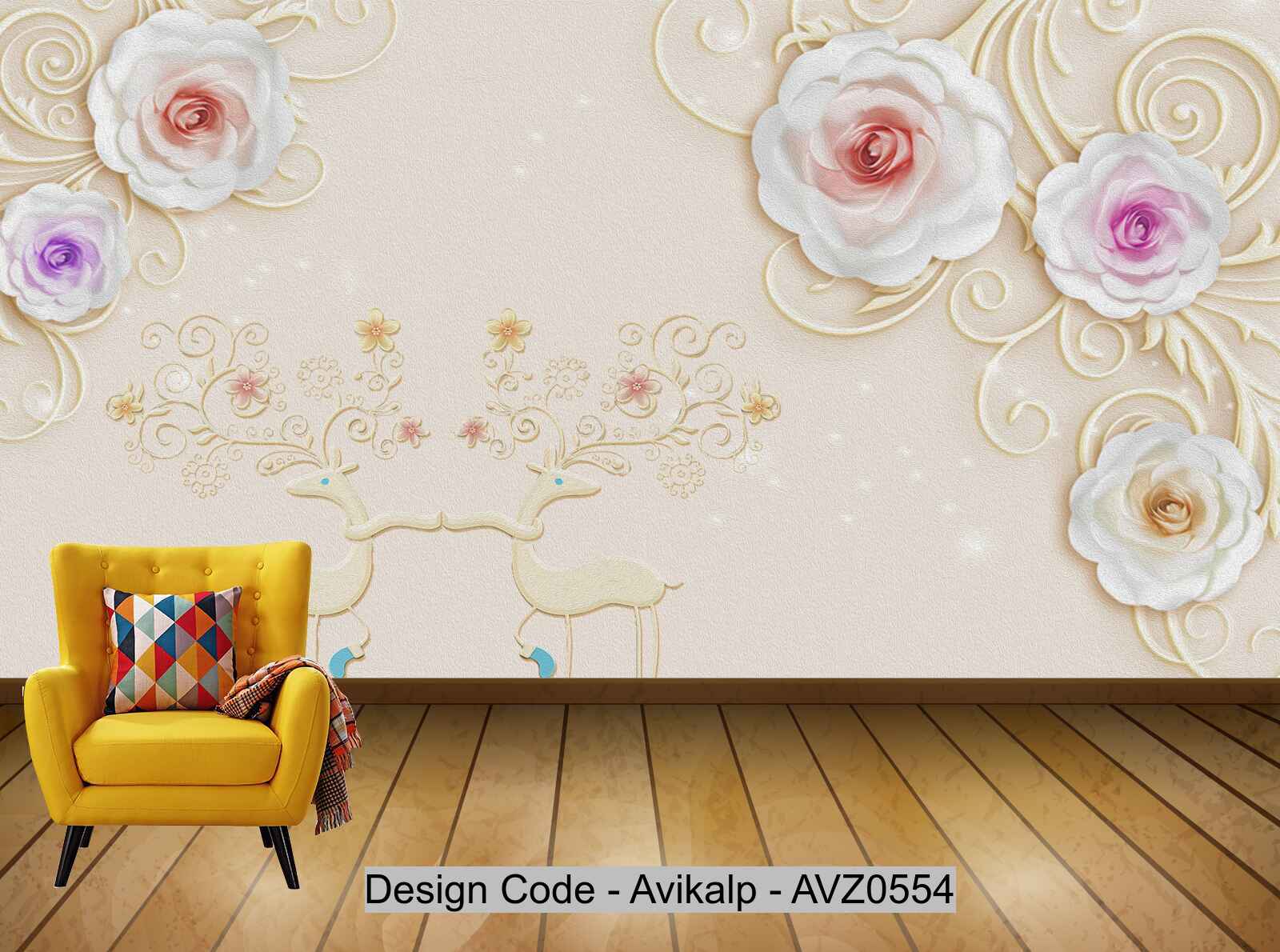 Avikalp Exclusive AVZ0554 Modern Beautiful Flower Embossed Sika Deer Tv Background Wall HD 3D Wallpaper