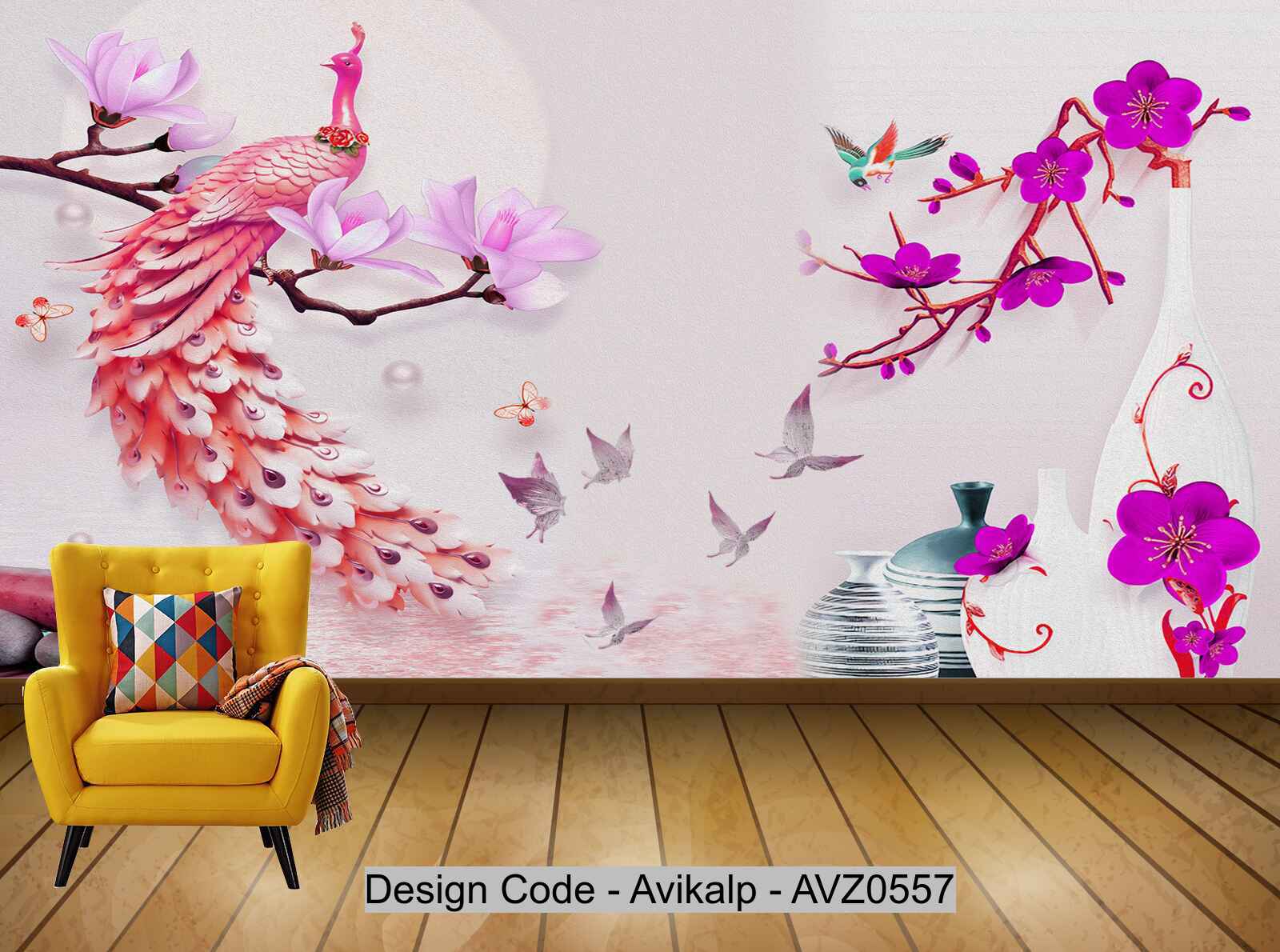 Avikalp Exclusive AVZ0557 Modern 3D Peacock Vase Floral Butterfly Bird Tv Background Wall HD 3D Wallpaper