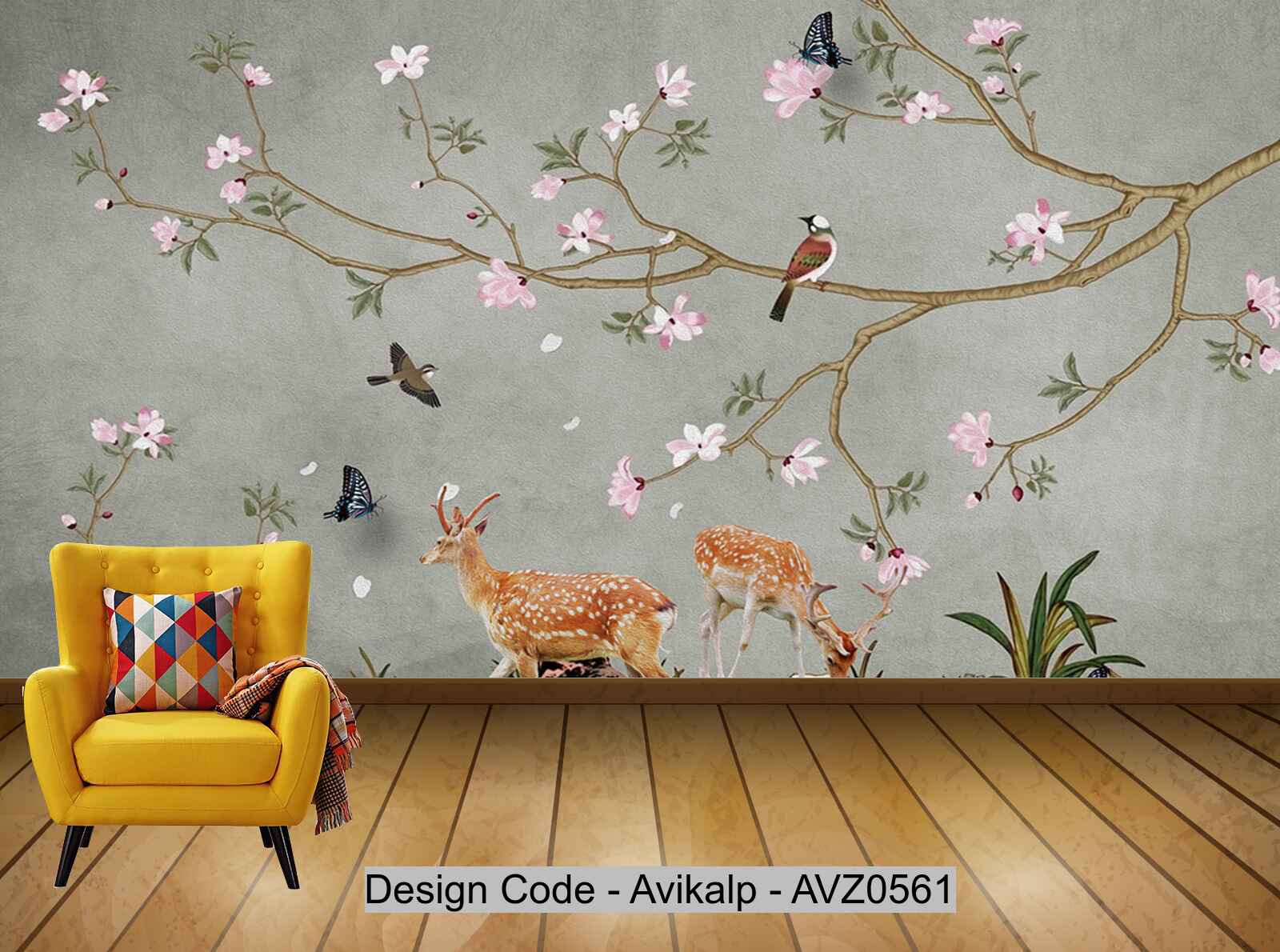 Avikalp Exclusive AVZ0561 Chinese Butterfly Fawn Flower And Bird Tv Background Wall HD 3D Wallpaper