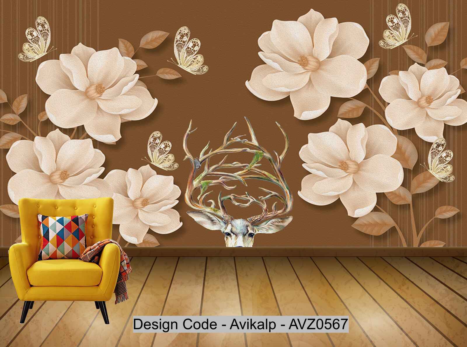 Avikalp Exclusive AVZ0567 Modern Beautiful Flower Butterfly Deer Head Tv Background Wall HD 3D Wallpaper