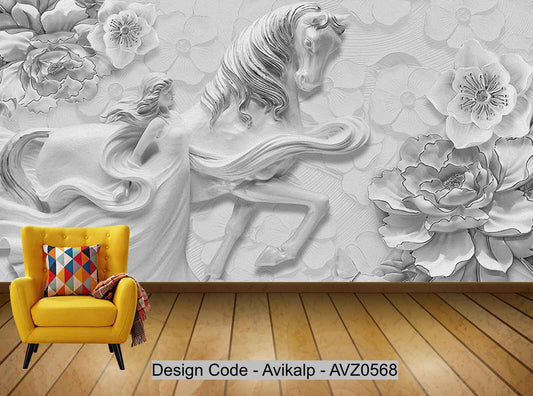 Avikalp Exclusive AVZ0568 Chinese Style 3D Nordic Embossed Girl Horse Flower Tv Background Wall HD 3D Wallpaper