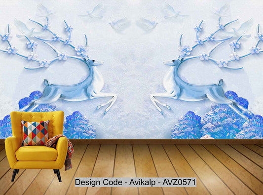 Avikalp Exclusive AVZ0571 Modern European Three Dimensional Embossed Fortune Tree Bird Elk Tv Background Wall HD 3D Wallpaper