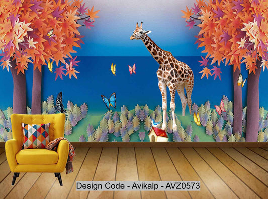 Avikalp Exclusive AVZ0573 Modern Beautiful Autumn Wind Giraffe Butterfly Tv Background Wall HD 3D Wallpaper