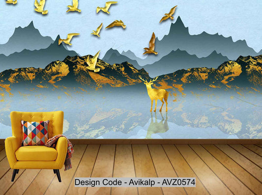 Avikalp Exclusive AVZ0574 Modern Minimalist Blue Golden Landscape Elk Flying Bird Tv Background Wall HD 3D Wallpaper