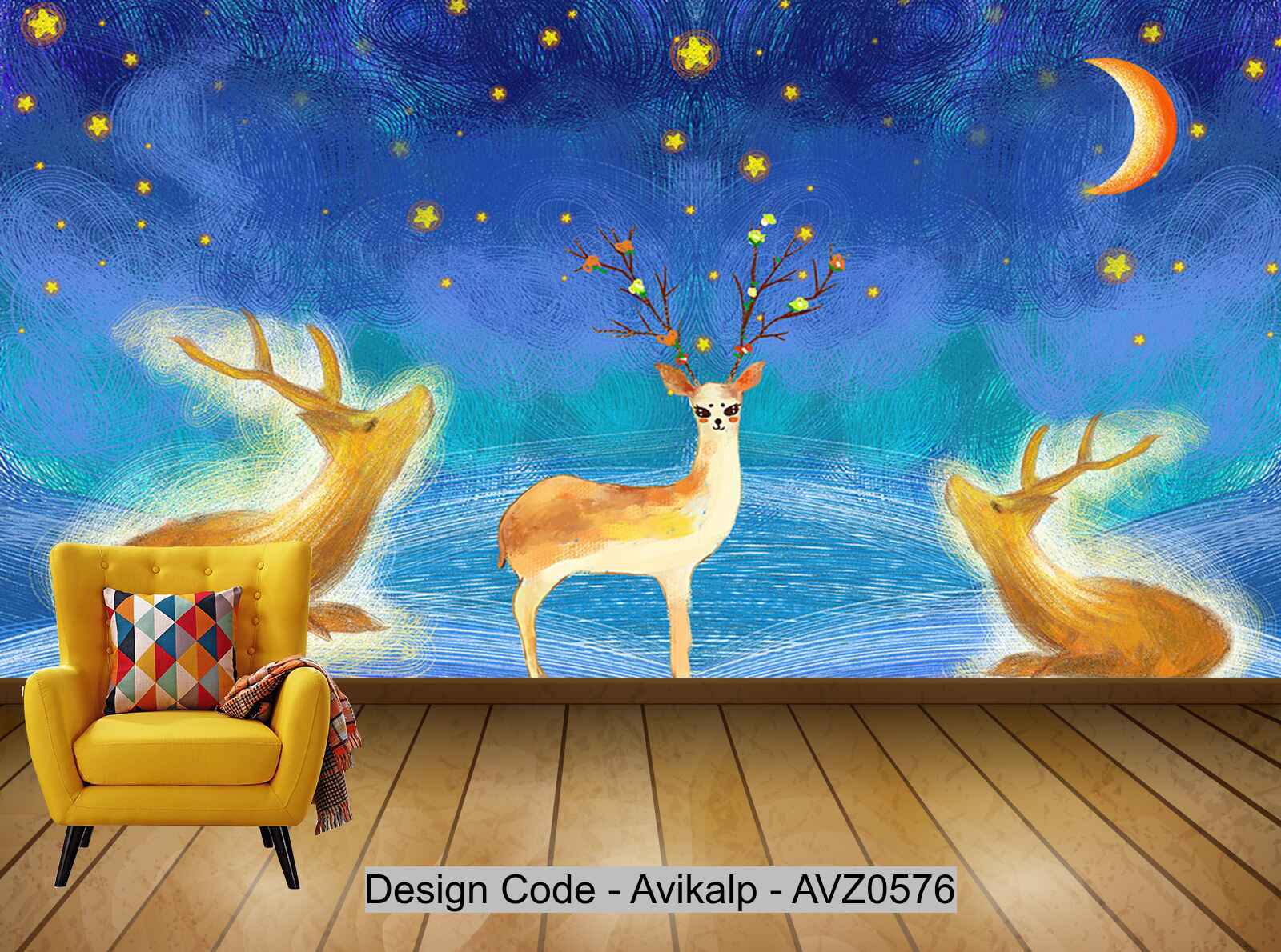 Avikalp Exclusive AVZ0576 Modern Hand Painted Coil Wind Beautiful Starry Sky Deer Tv Background Wall HD 3D Wallpaper