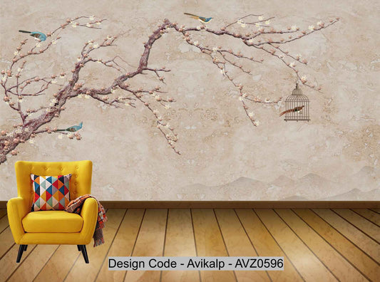 Avikalp Exclusive AVZ0596 New Chinese Style Tree On The Bird Marble Living Room Tv Background Wall Design HD 3D Wallpaper