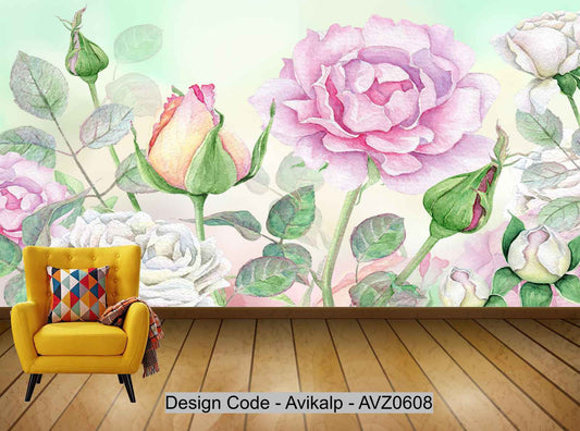 Avikalp Exclusive AVZ0608 Modern Hd Hand Painted Small Fresh Rose Background Wall HD 3D Wallpaper