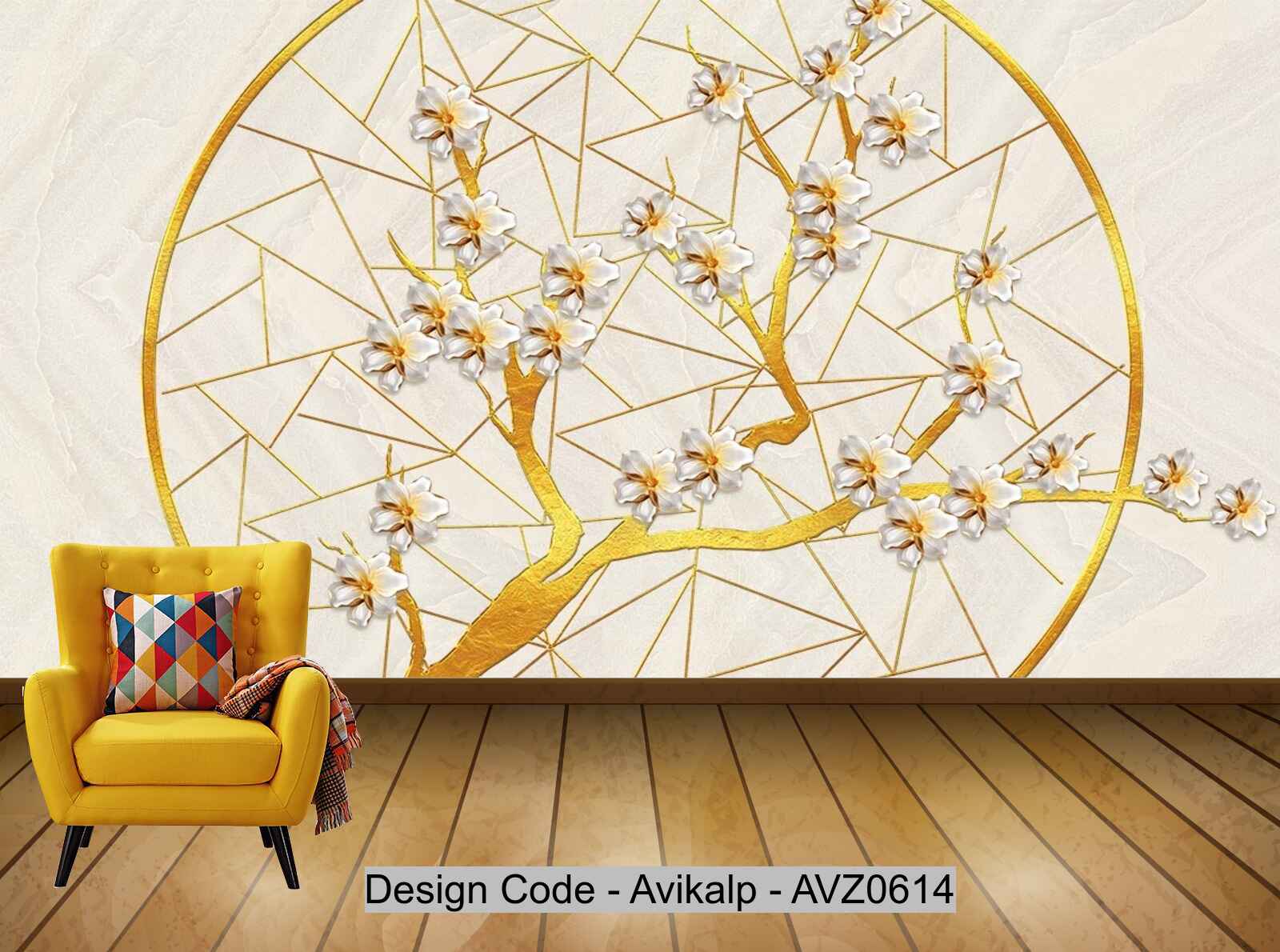 Avikalp Exclusive AVZ0614 Modern Minimalist Golden Floral Tv Background Wall HD 3D Wallpaper