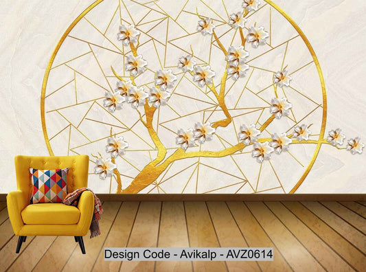 Avikalp Exclusive AVZ0614 Modern Minimalist Golden Floral Tv Background Wall HD 3D Wallpaper
